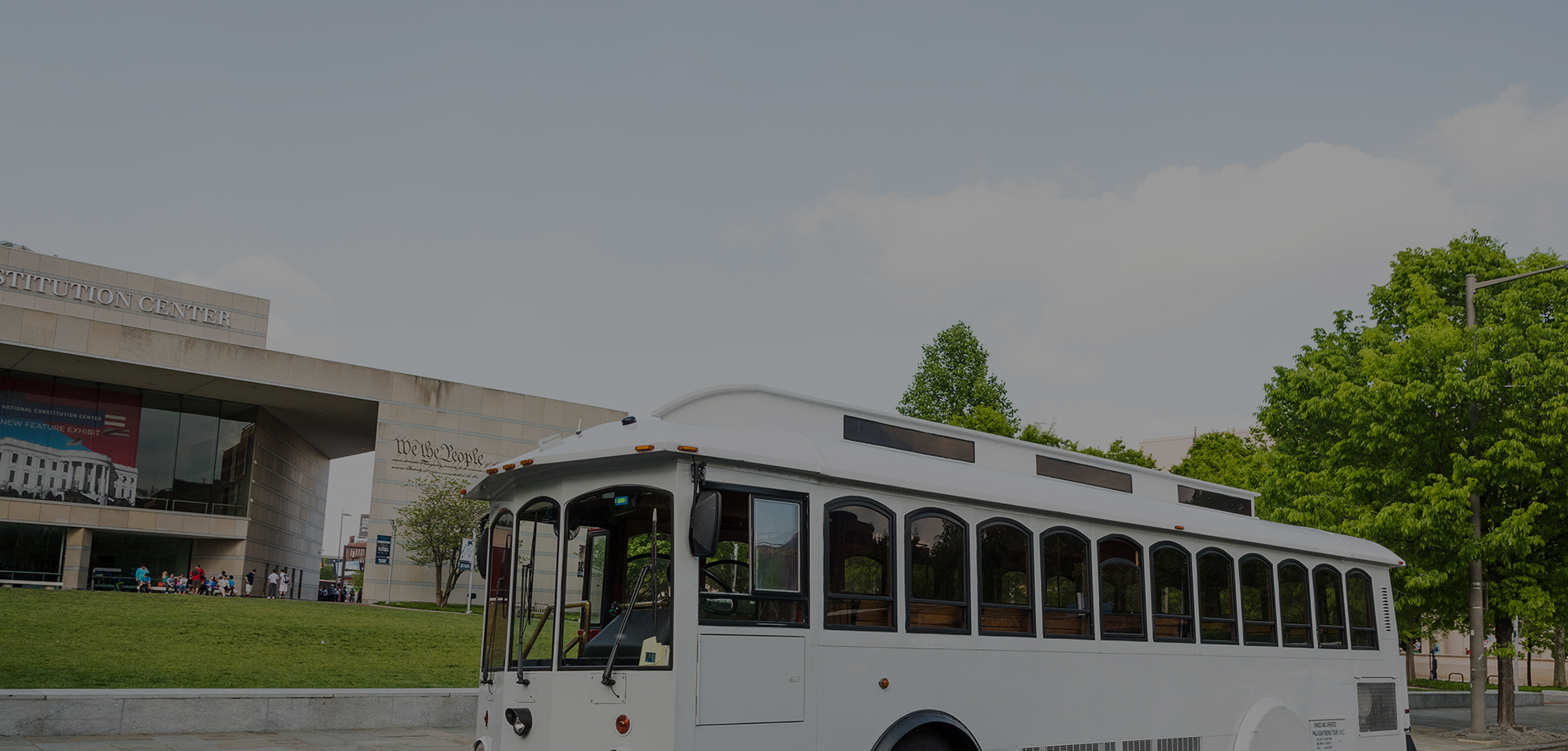 Wedding Trolley Rental White out front of Constitution Center Philadelphia PA