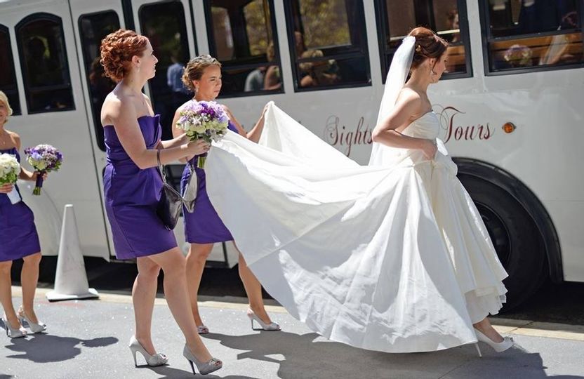 Bride Wedding Dress White flower girl maid of honor purple dress silver shoes white shoes trolley philadelphia just married wedding day rental hotel pickup Old Fashioned Trolley wedding transportation services to/from hotel and venue